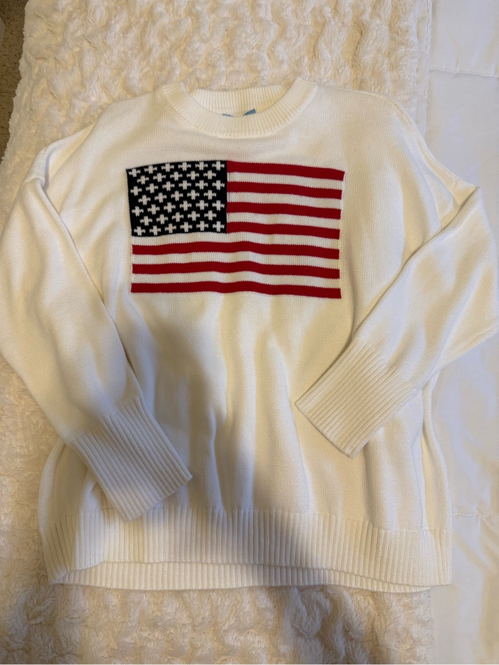 CeCe White Knit Sweater with Red Stripes and Navy Star Panel